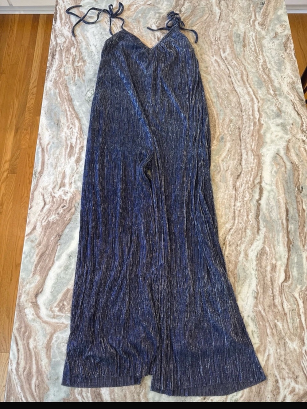 Endless Blu Metallic Navy Blue V-Neck Jumpsuit with Tie Straps size S